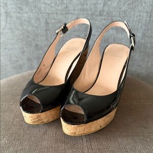 Stuart Weizman Black Patent Leather Wedge Sandals